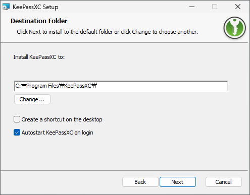 Pemilihan jalur instalasi KeePassXC dan pengaturan opsi mulai otomatis