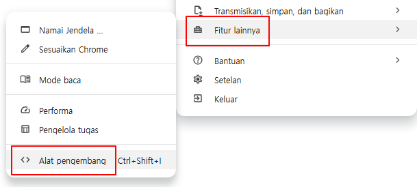 Fitur lainnya → Alat pengembang dari menu Chrome