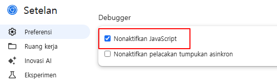 Centang opsi Nonaktifkan JavaScript di pengaturan Developer tools