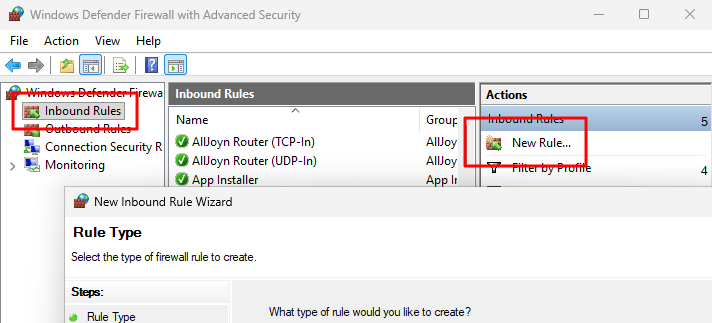 Membuat rule inbound baru di Windows Defender Firewall
