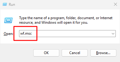 Membuka Windows Firewall melalui dialog Run