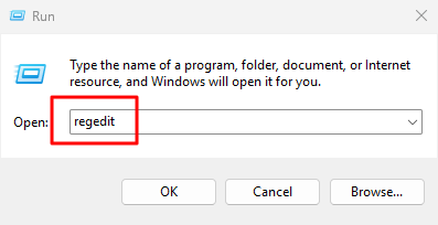 Membuka Registry Editor melalui dialog Run