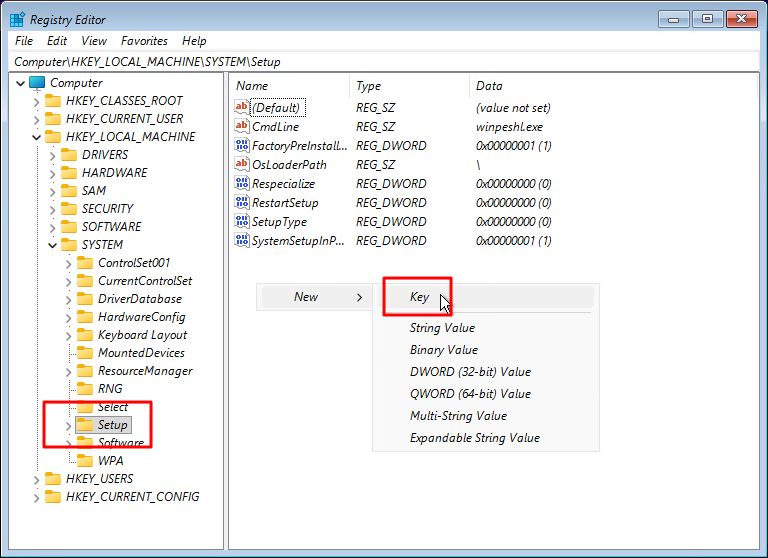 Membuat Key baru di bawah Setup di Registry Editor
