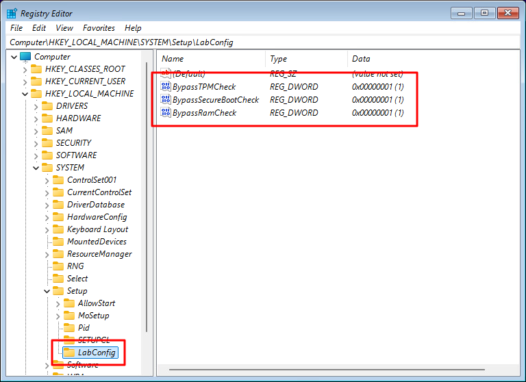 Registry LabConfig dengan nilai bypass TPM yang telah dikonfigurasi