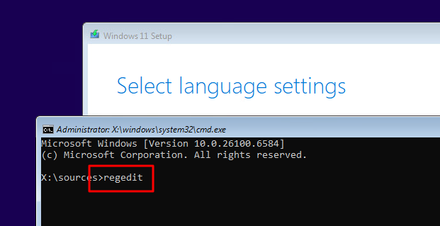 Membuka Registry Editor dari Command Prompt selama instalasi Windows 11