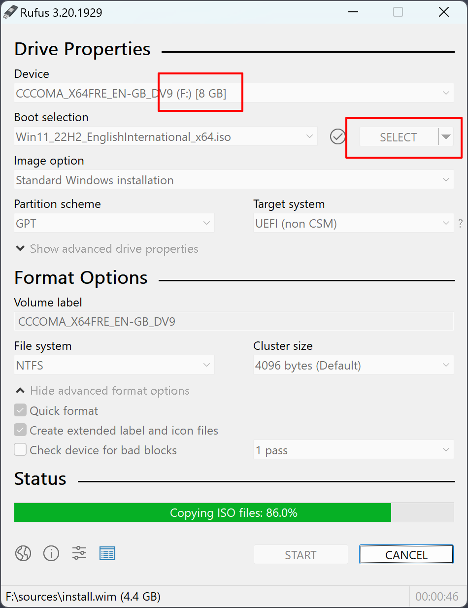 Layar pengaturan utama Rufus