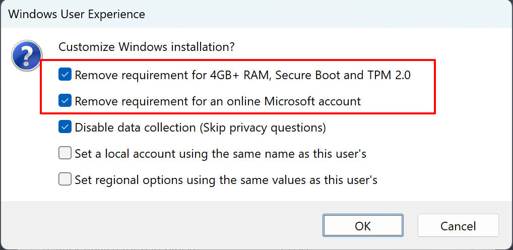 Pengaturan pengalaman pengguna Rufus